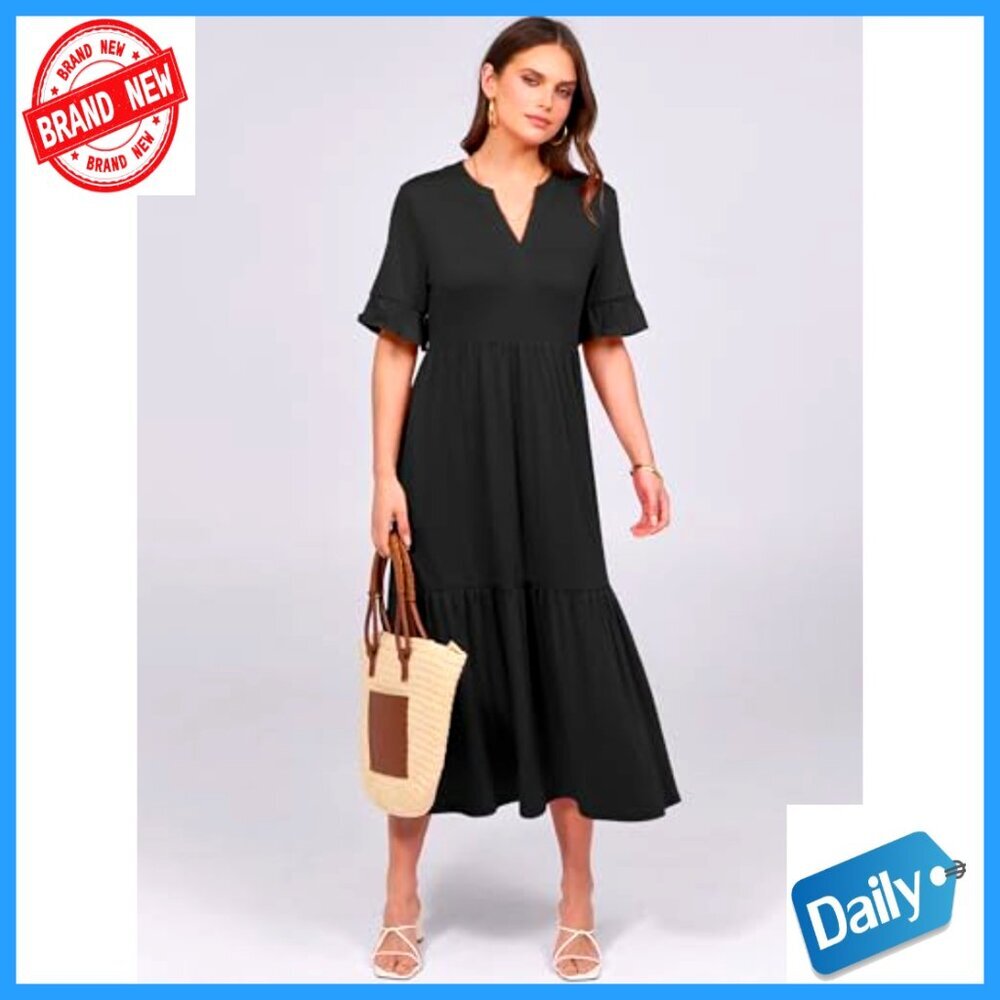 Summer Maxi Dress Ruffle Sleeve V-Neck Flowy Tiered Boho Casual Beach - Picture 3 of 7